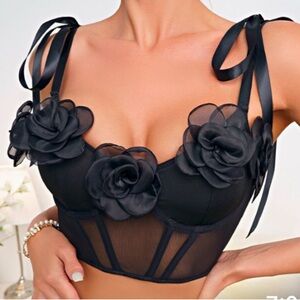 Black Floral Applique Longline Bustier Top